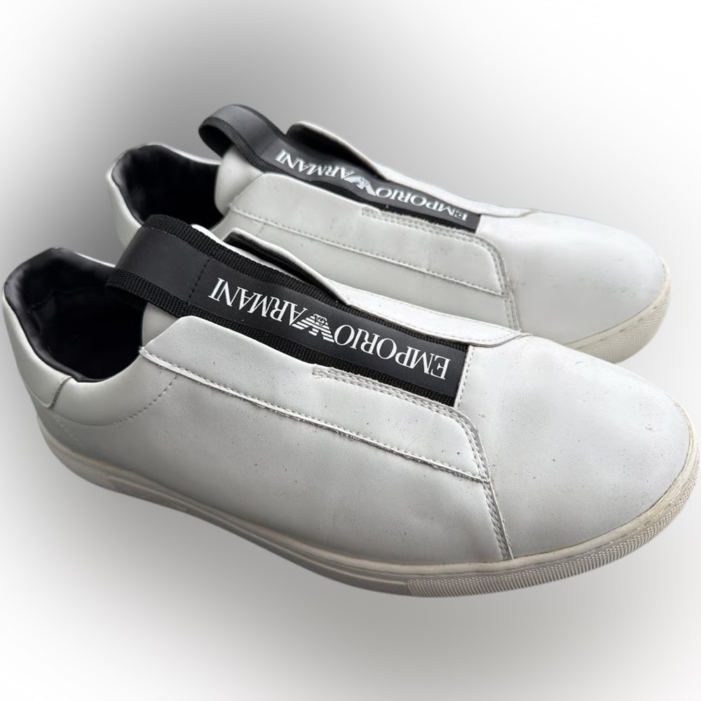 Emporio Armani Men's White and Black Slip-on Sneakers